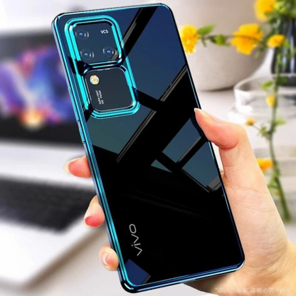 A hand holding a smartphone with a transparent case featuring a blue electroplated design.