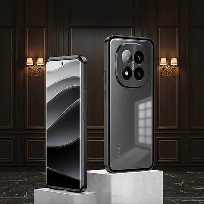 Two smartphone cases on a marble stand with a dark wooden panel background