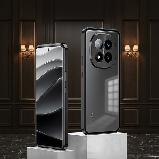 Two smartphone cases on a marble stand with a dark wooden panel background