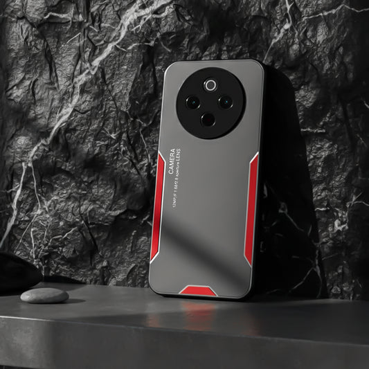 Phone case with red accents on a dark stone surface