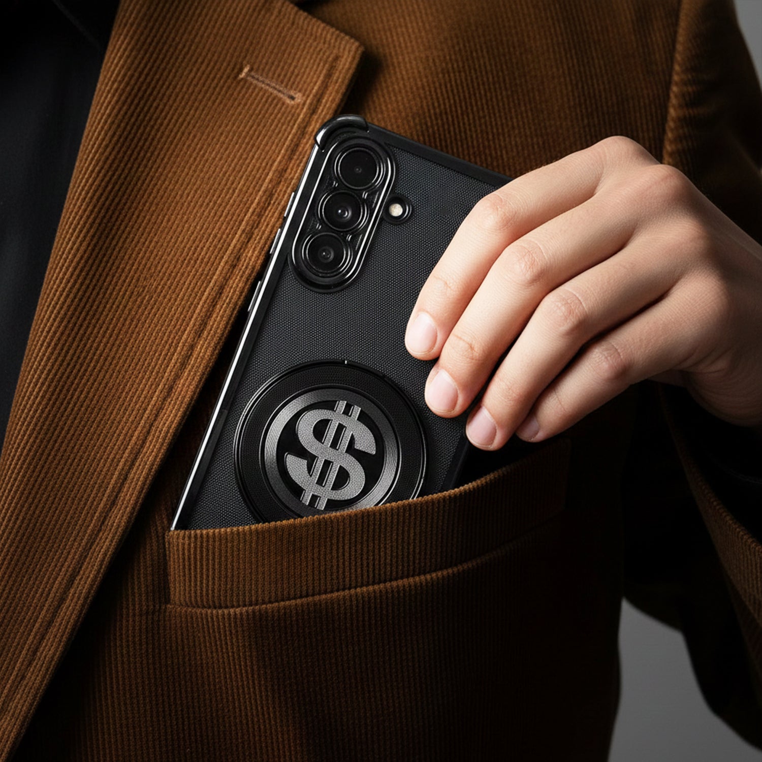 Person holding a Samsung Galaxy A36 5G phone with a dollar sign case in a brown coat pocket