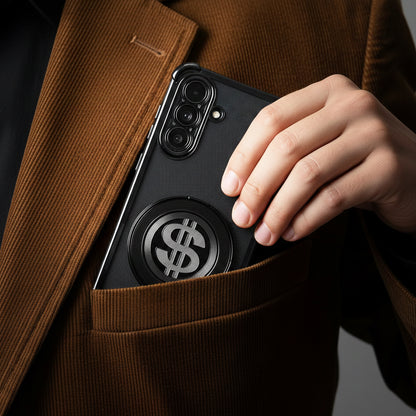 Person holding a Samsung Galaxy A36 5G phone with a dollar sign case in a brown coat pocket