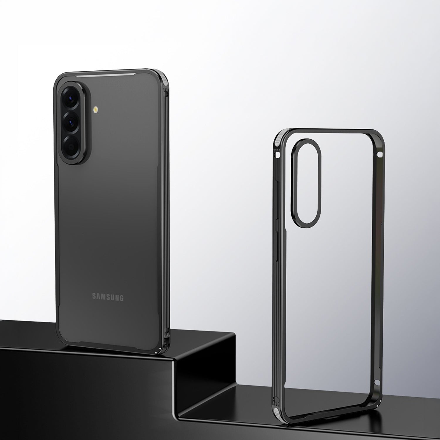 Samsung Galaxy A56 5G smartphone with a clear black case on a reflective surface