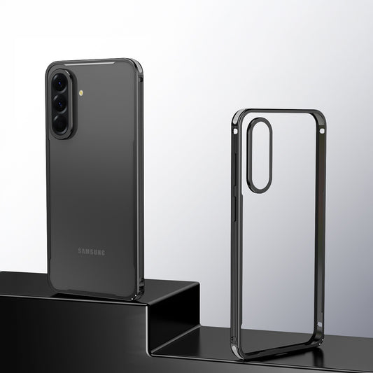 Samsung Galaxy A56 5G smartphone with a clear black case on a reflective surface