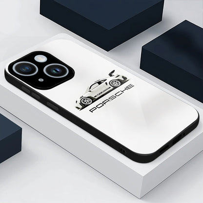 iPhone 14 Premium Acrylic Shockproof Glass Back Case (White Porsche)