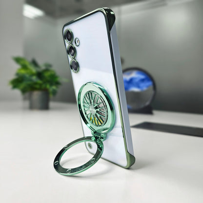 Phone case with a green ring holder on a blurred indoor background