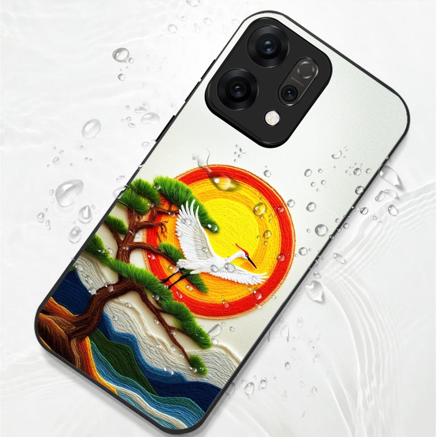 Oppo Reno 14 5G 3D Embroidery Style Crane Aesthetic Glass Case