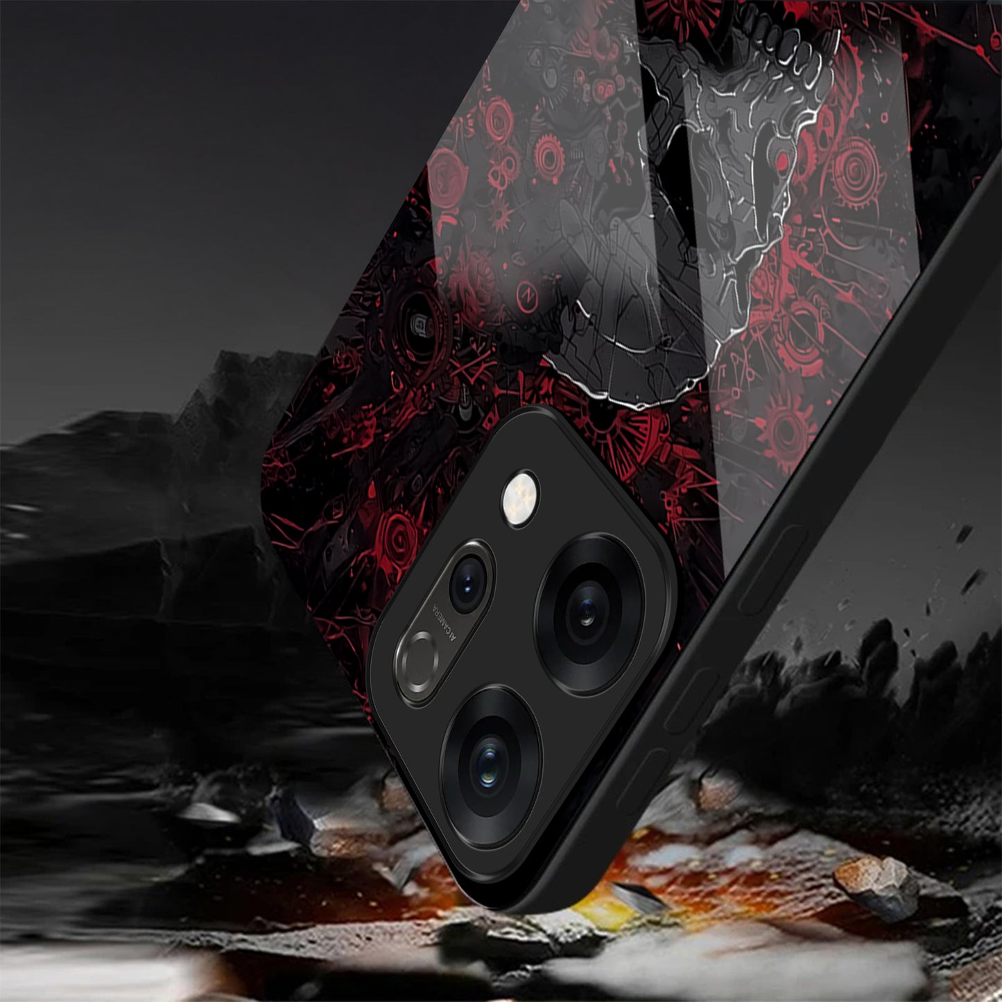 Oppo Reno 14 5G Red & Black Grunge Skull Aesthetic Glass Case