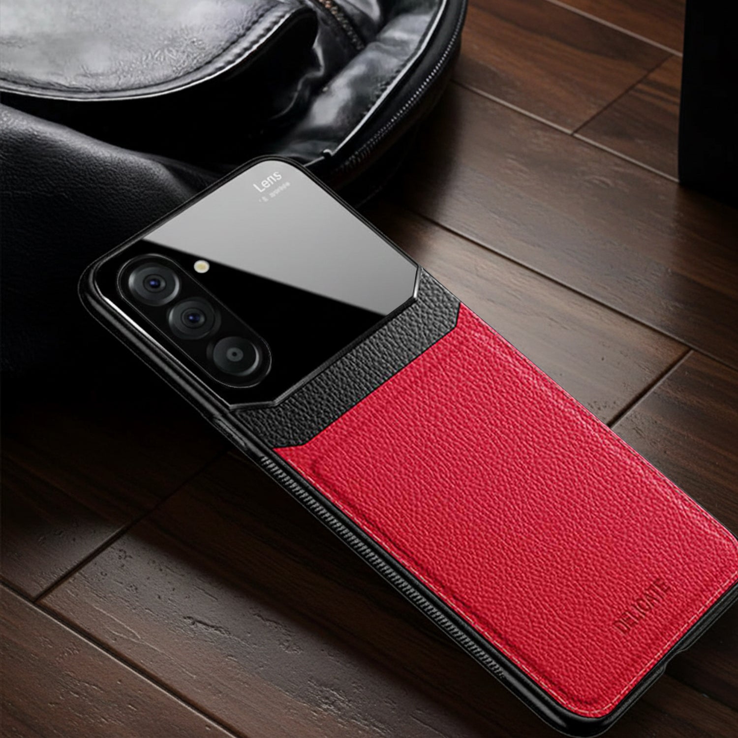 Samsung Galaxy A36 5G Phone case with black and red design on a wooden surface