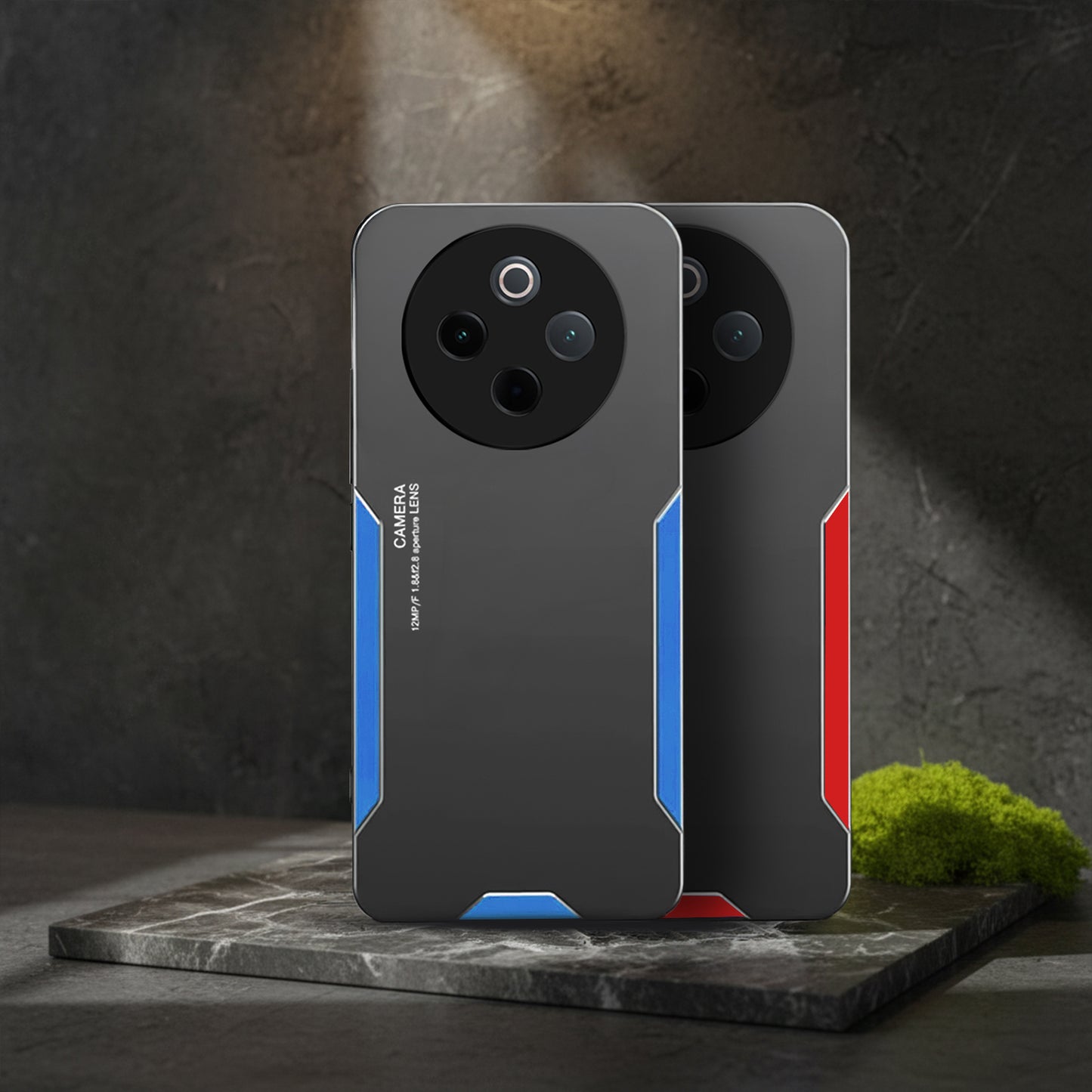 Black phone case with blue and red accents on a dark surface