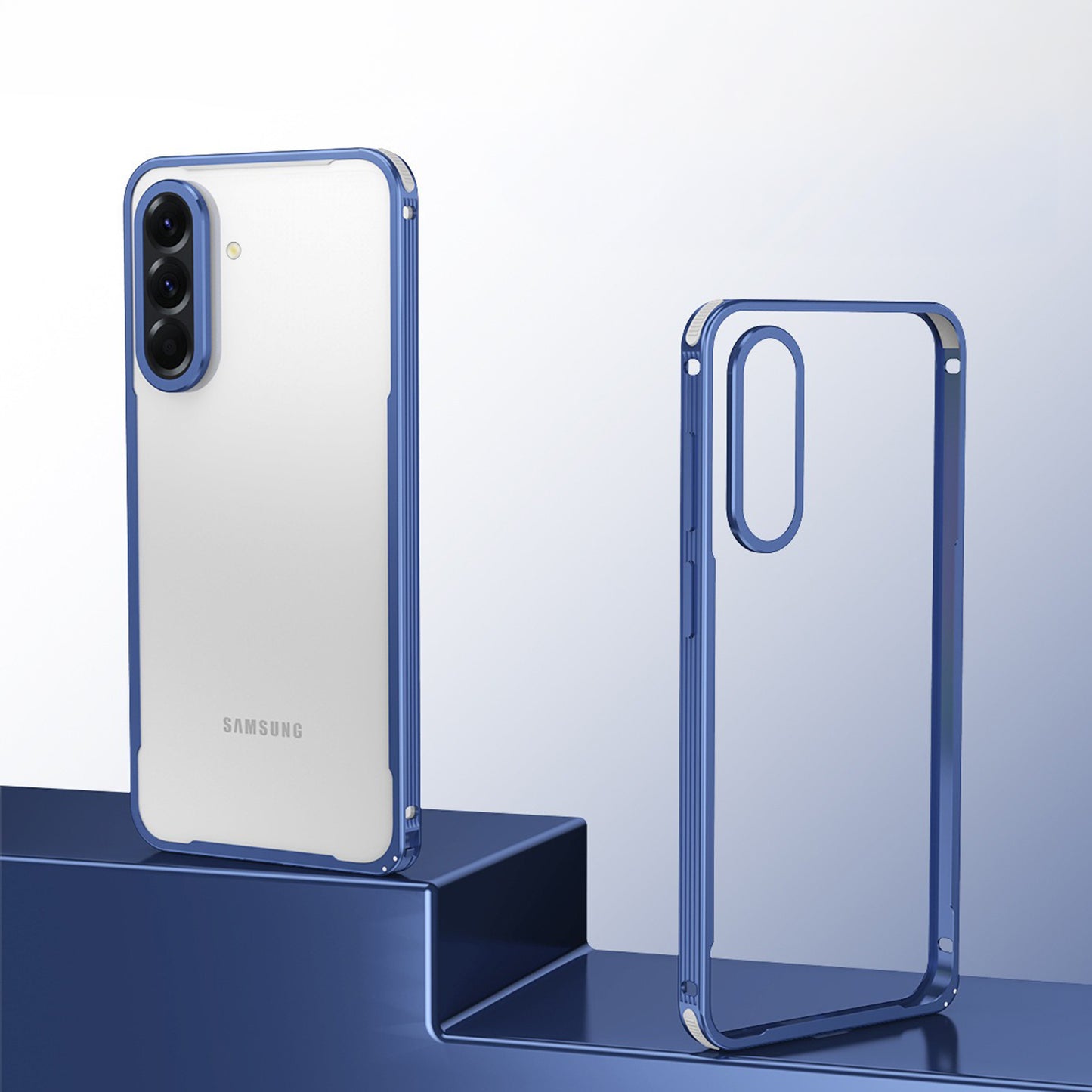 Samsung Galaxy A56 5G phone case with blue border on a light blue background