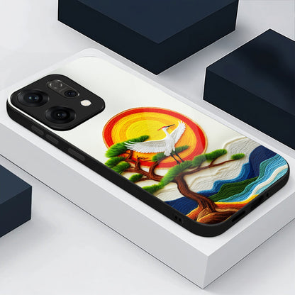 Oppo Reno 14 5G 3D Embroidery Style Crane Aesthetic Glass Case