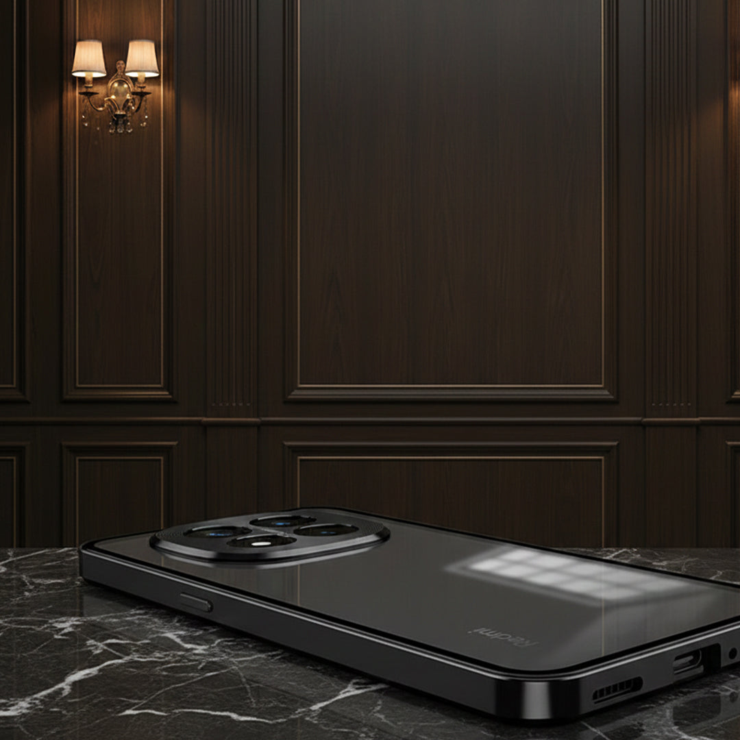 Smartphone on a marble surface with a dark wooden panel background