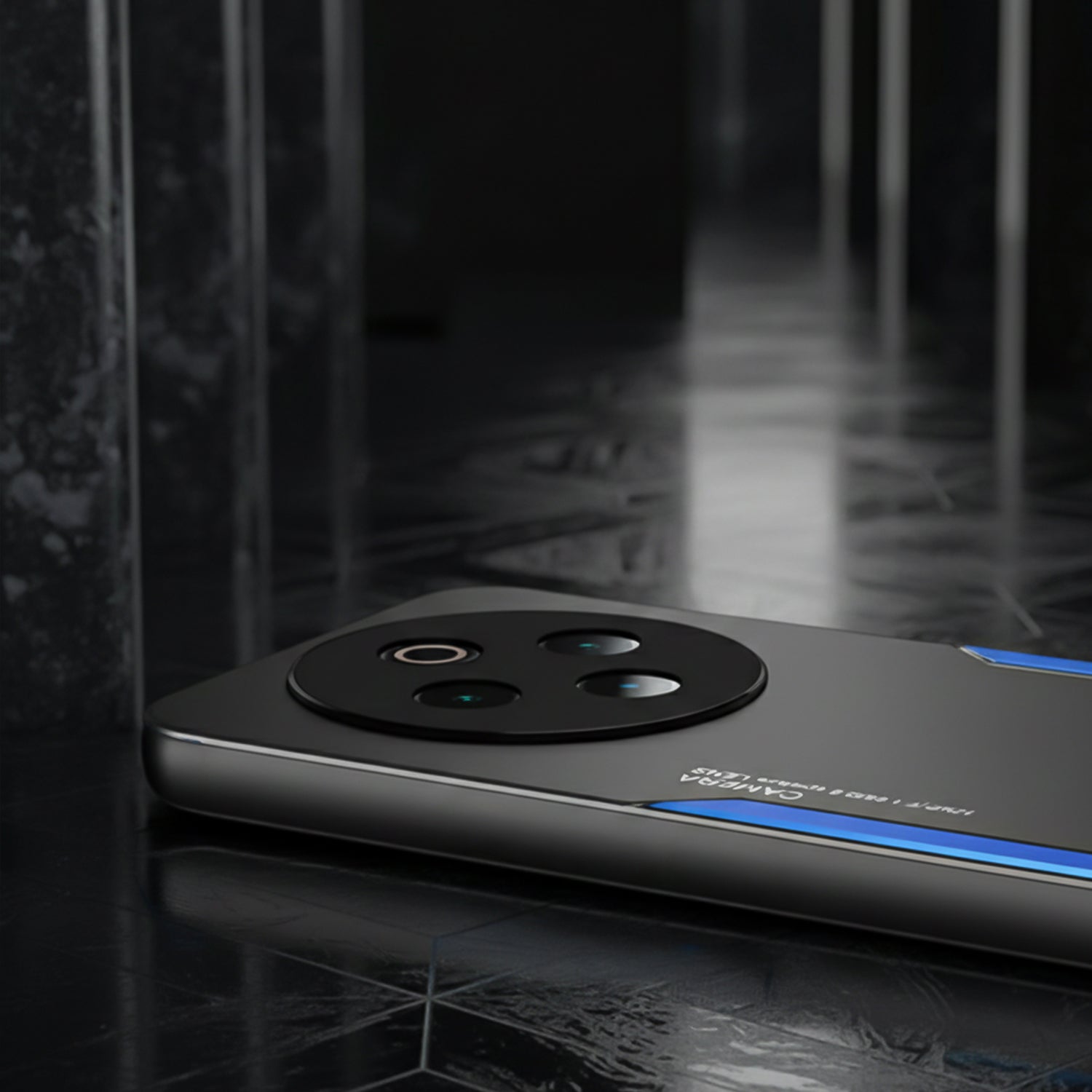 Smartphone with a camera module on a reflective surface