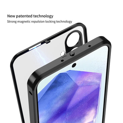 Samsung Galaxy A55 5G Smartphone with a black frame and screen protector, featuring text about new patented technology.