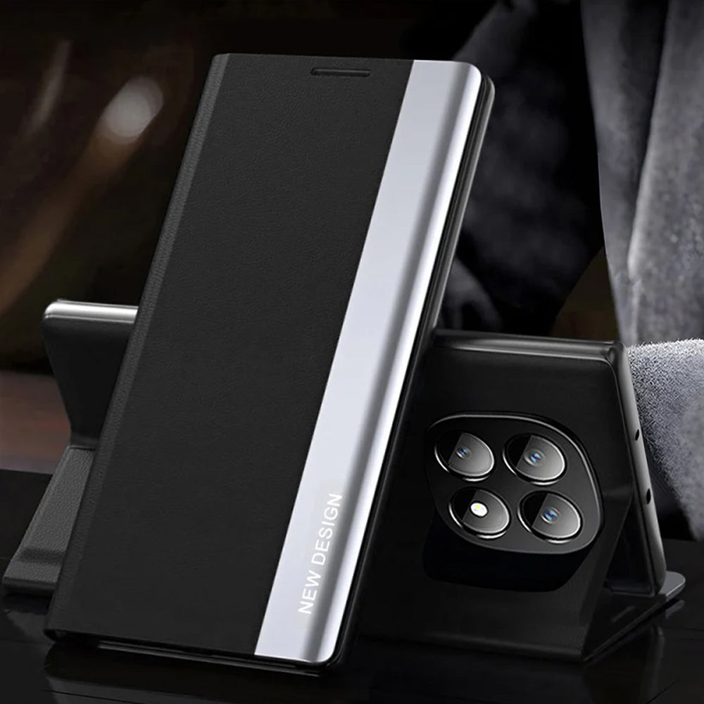 Smartphone with a reflective case on a stand, blurred background