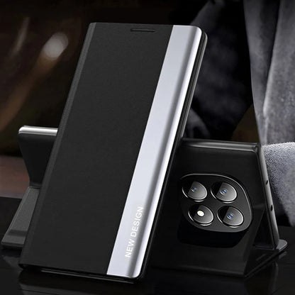 Smartphone with a reflective case on a stand, blurred background