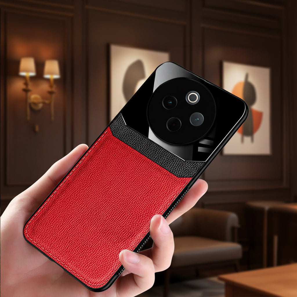 Hand holding a Vivo T4 5G phone case with red leather texture and black accents, blurred background of a room.