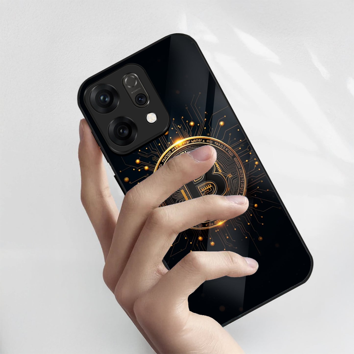 Oppo Reno 14 5G Premium Acrylic Shockproof Glass Back Case (Bitcoin Armor)