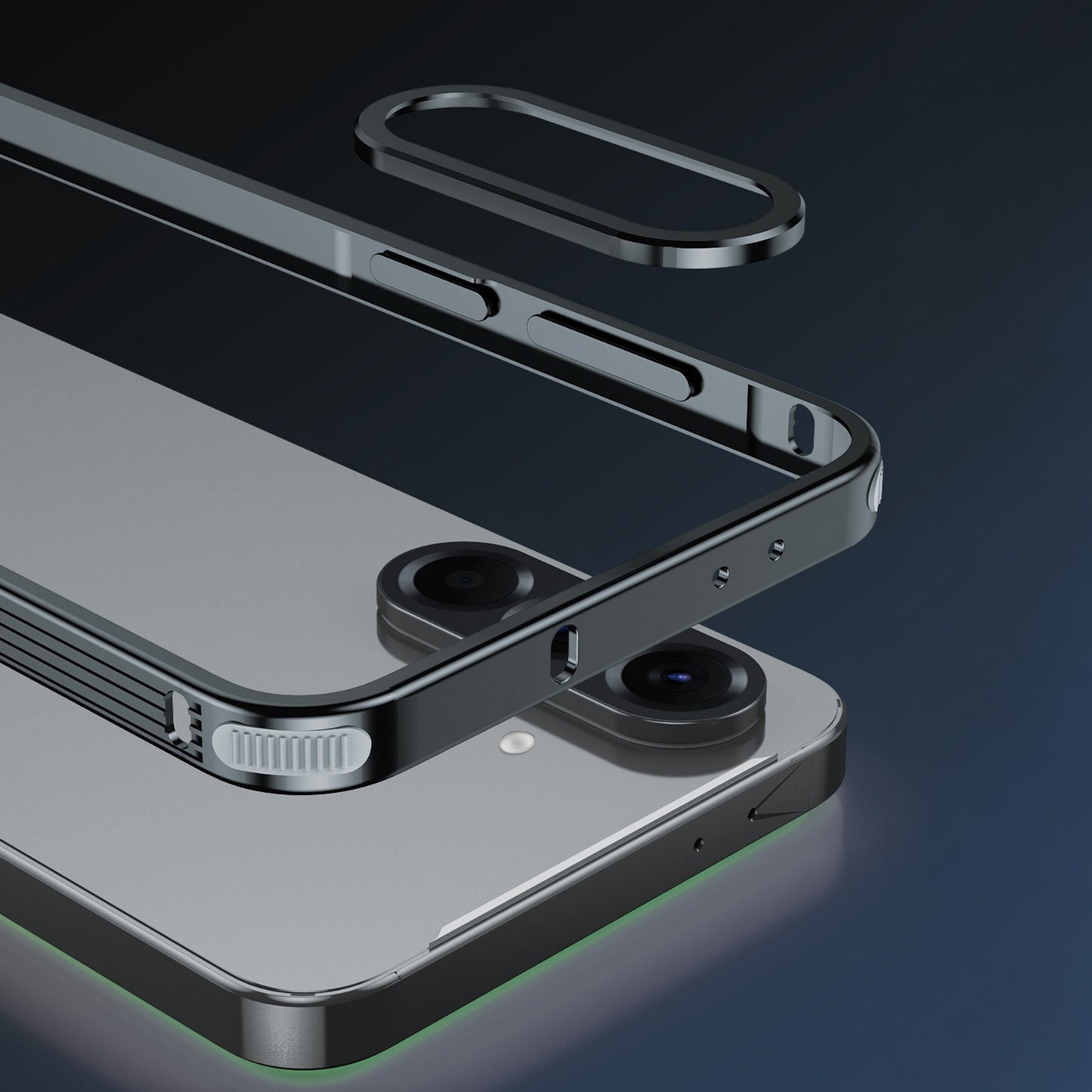 Samsung Galaxy A56 5G Close-up of a smartphone with a metal ring on a dark background