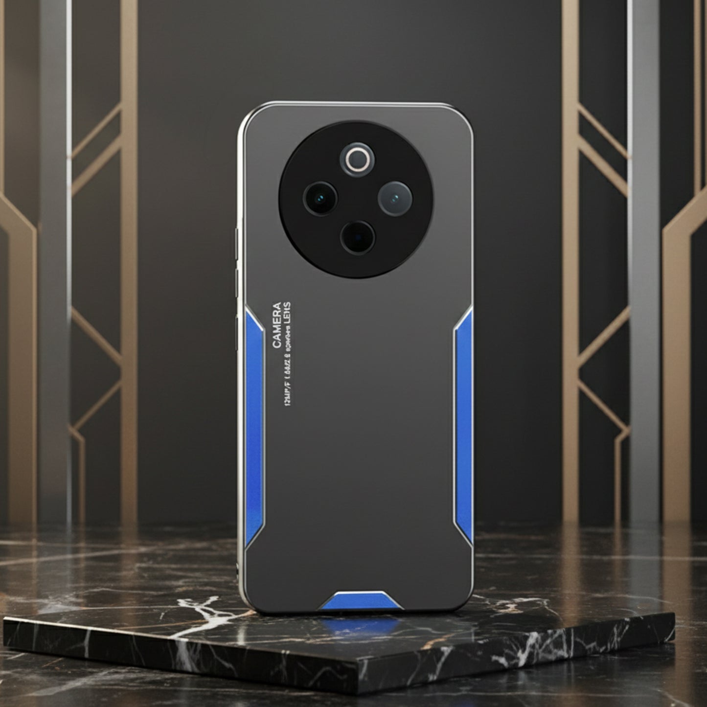 Phone case with camera module on a dark marble surface