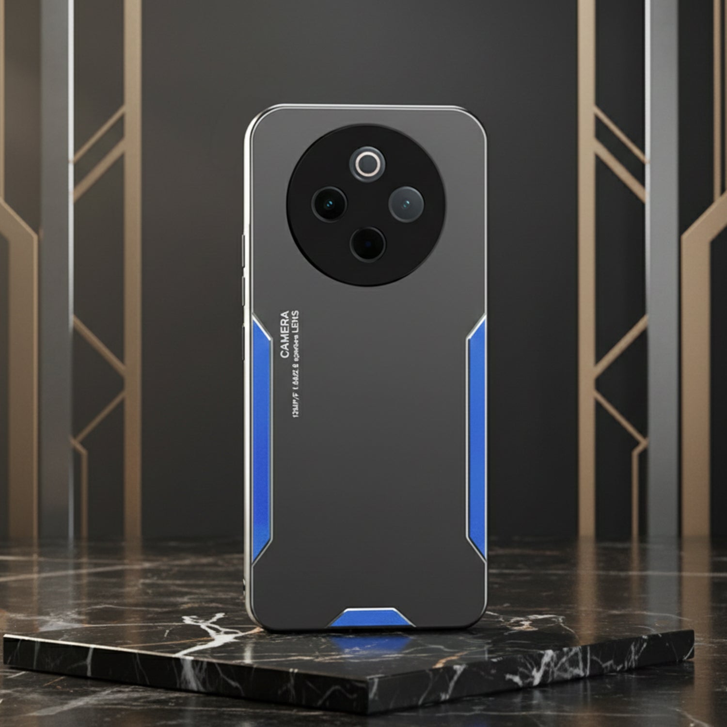 Phone case with camera module on a dark marble surface