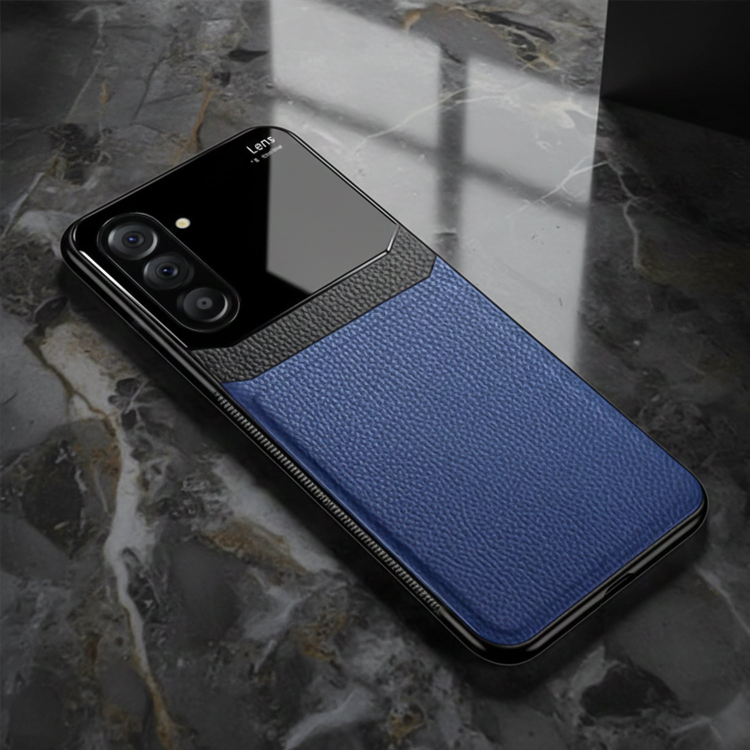 Samsung Galaxy A56 5G Phone case with blue textured back and black front on a marble surface