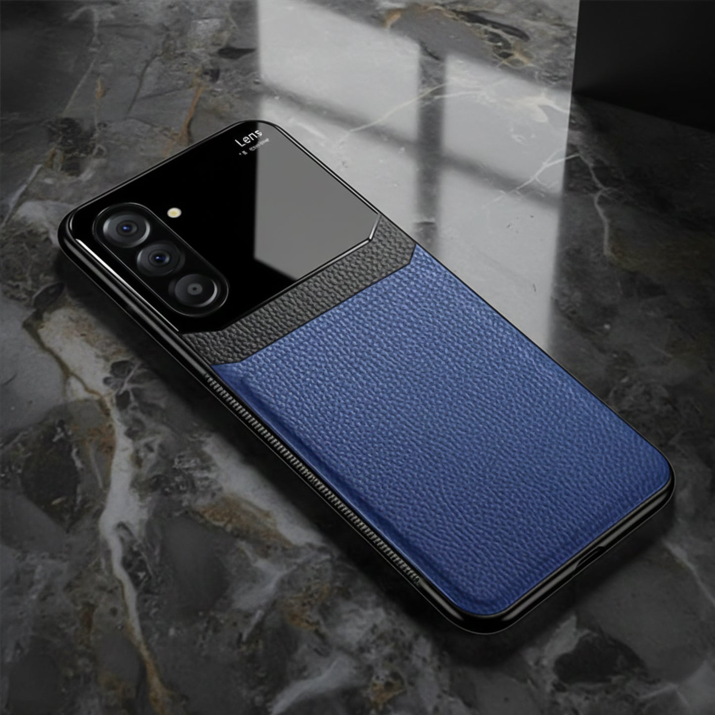 Samsung Galaxy A36 5G Phone case with blue textured back and black front on a marble surface