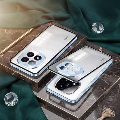 Smartphone with a metallic case on a marble surface with decorative elements