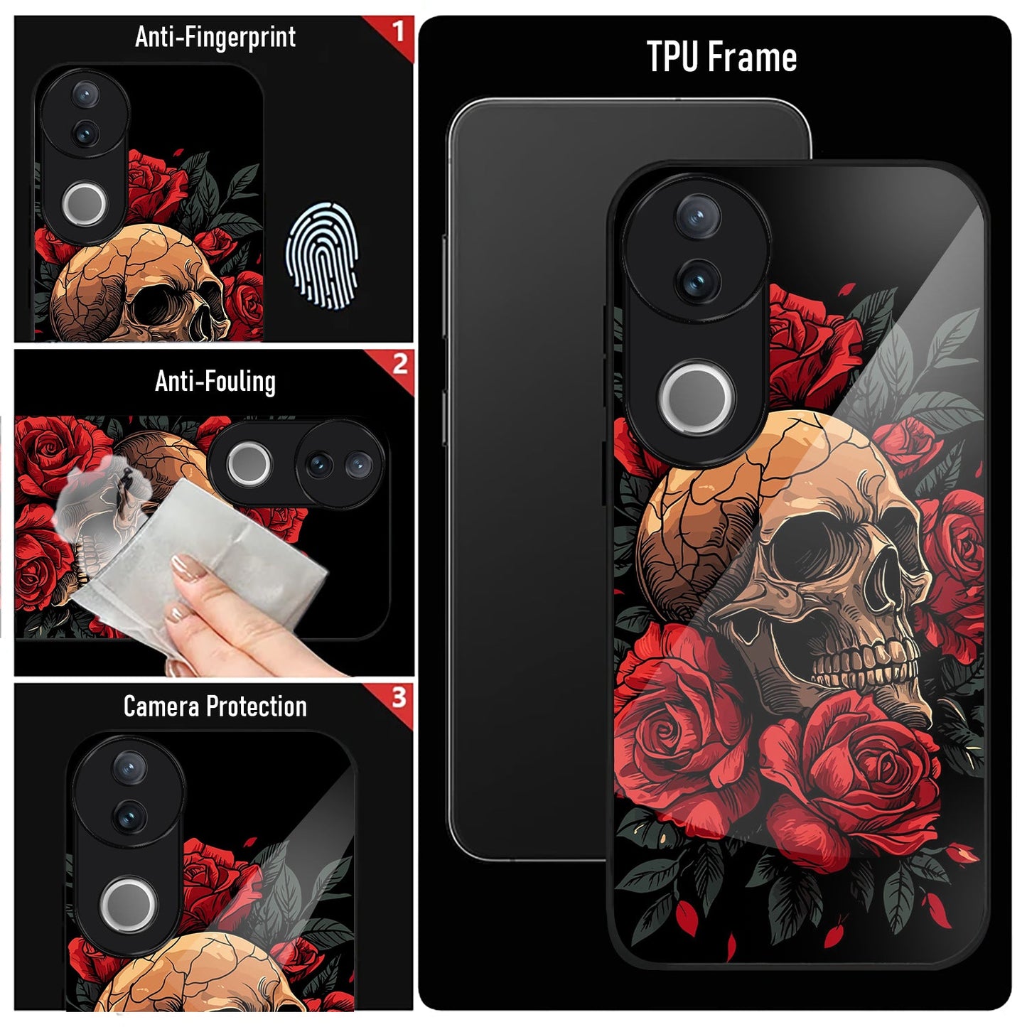 Vivo V50 5G Premium Acrylic Shockproof Glass Back Case (Rose Skull)