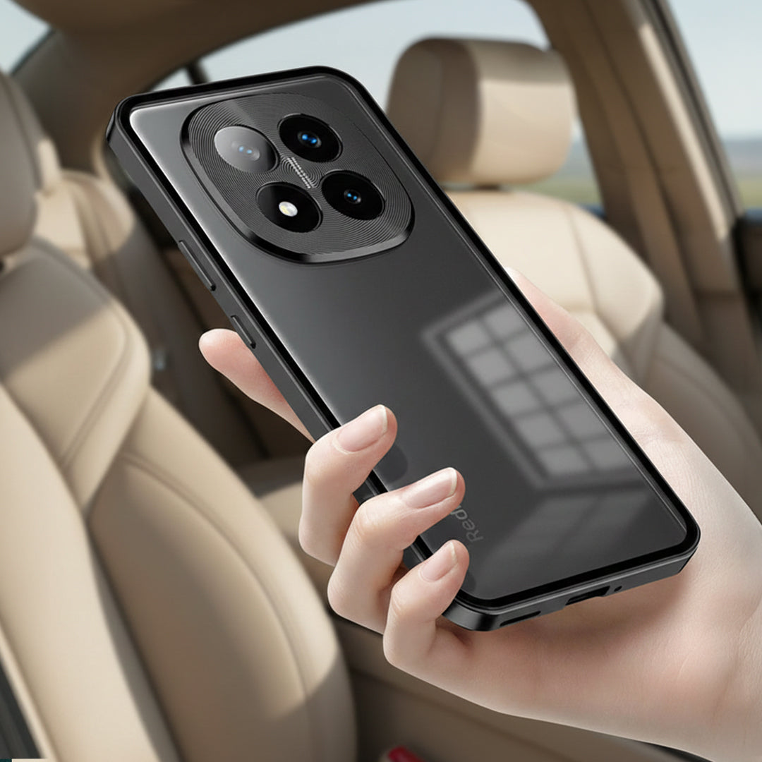 Person holding a black phone case in a car interior