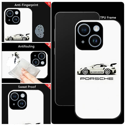 iPhone 14 Premium Acrylic Shockproof Glass Back Case (White Porsche)