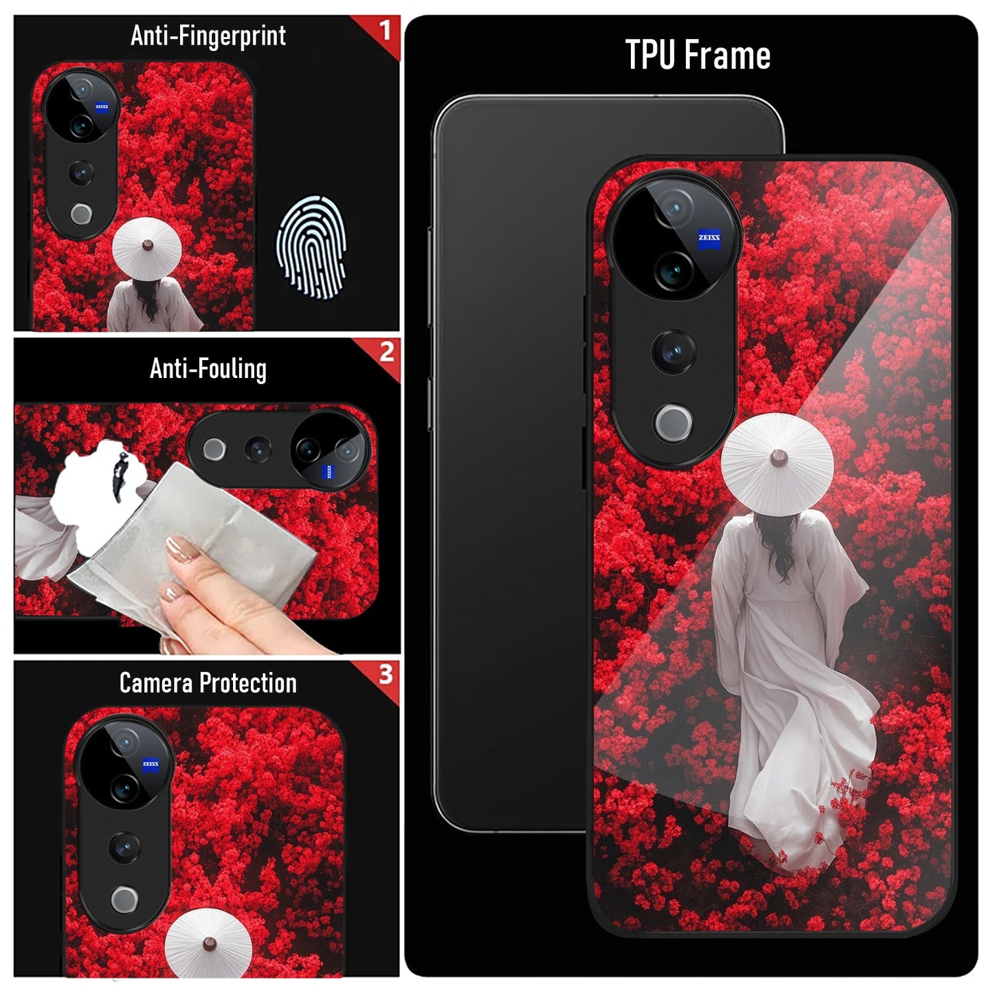 Vivo V40 Pro 5G Premium Acrylic Shockproof Glass Back Case (Red Blossoms)