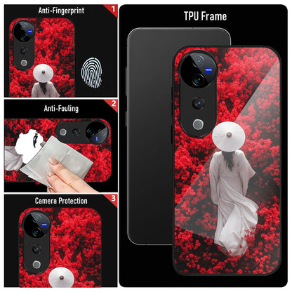 Vivo V40 Pro 5G Premium Acrylic Shockproof Glass Back Case (Red Blossoms)