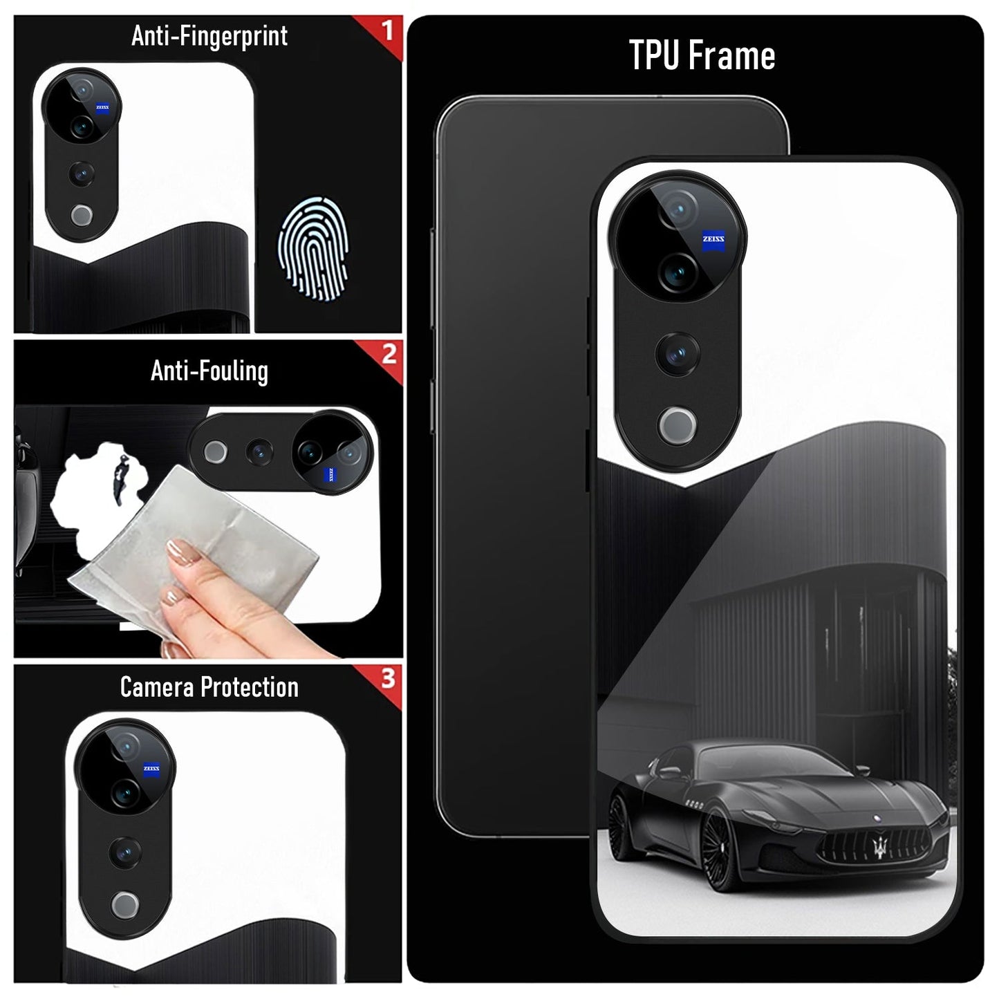 Vivo V40 Pro 5G Premium Acrylic Shockproof Glass Back Case ( Monochrome Maserati )
