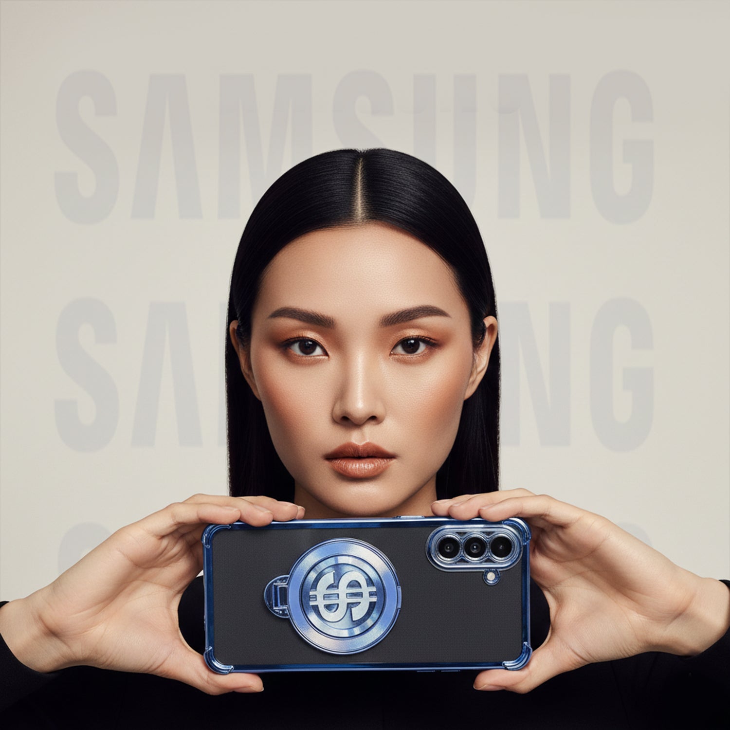 Person holding a Samsung Galaxy A56 5G phone with a clear case against a branded background