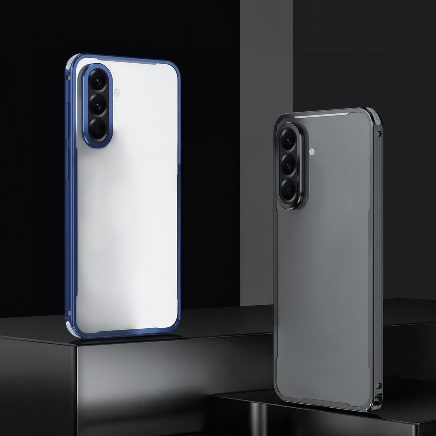 Samsung Galaxy A56 5G Two phone cases, one blue and clear, the other transparent, on a black reflective surface.