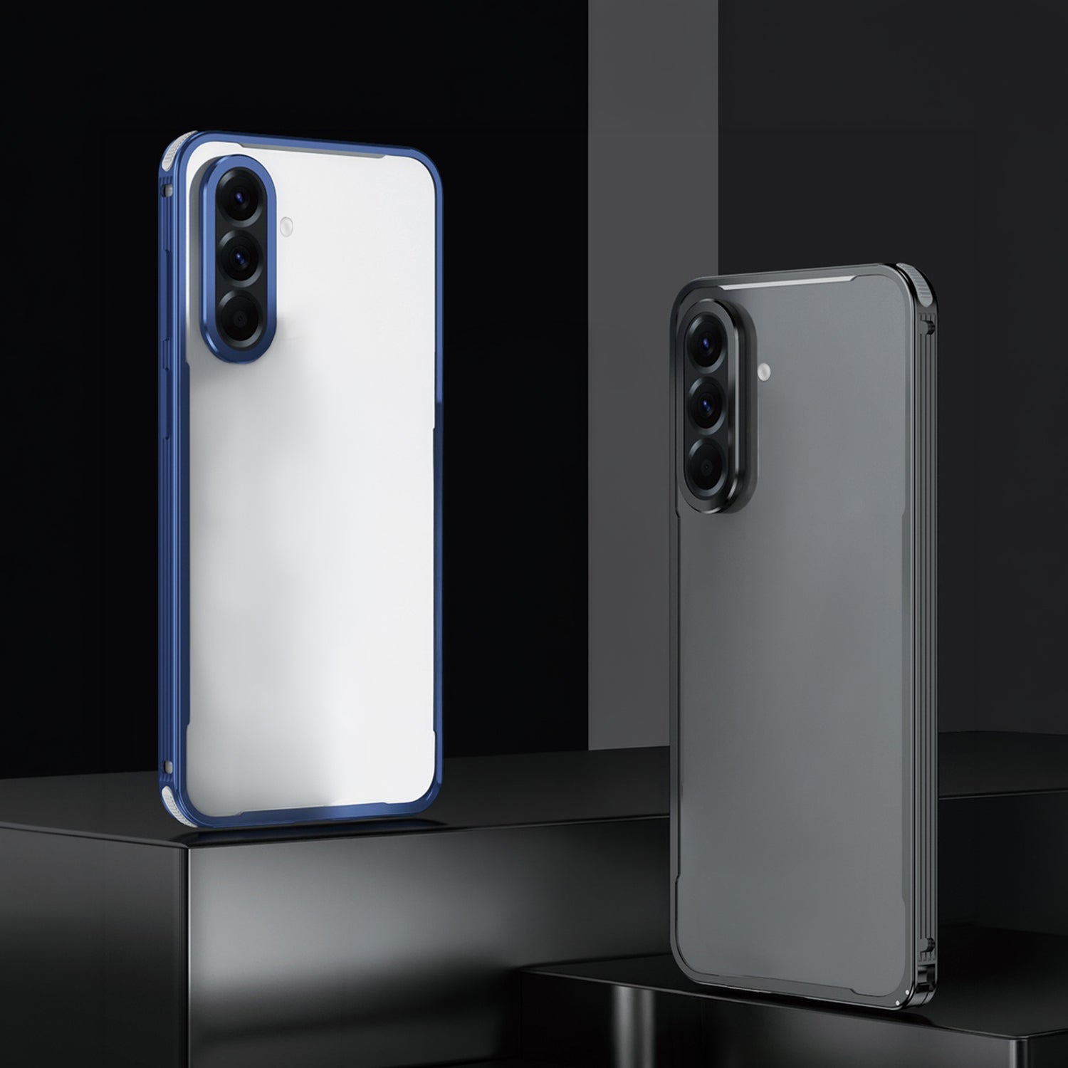 Samsung Galaxy A56 5G Two phone cases, one blue and clear, the other transparent, on a black reflective surface.