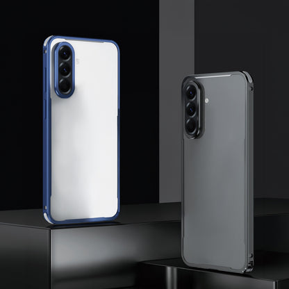 Samsung Galaxy A56 5G Two phone cases, one blue and clear, the other transparent, on a black reflective surface.