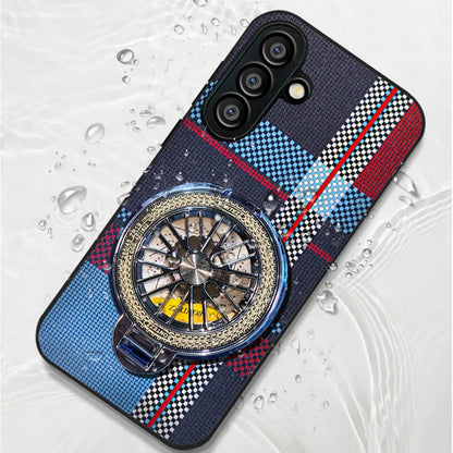 Phone case with decorative wheel design on a textured background