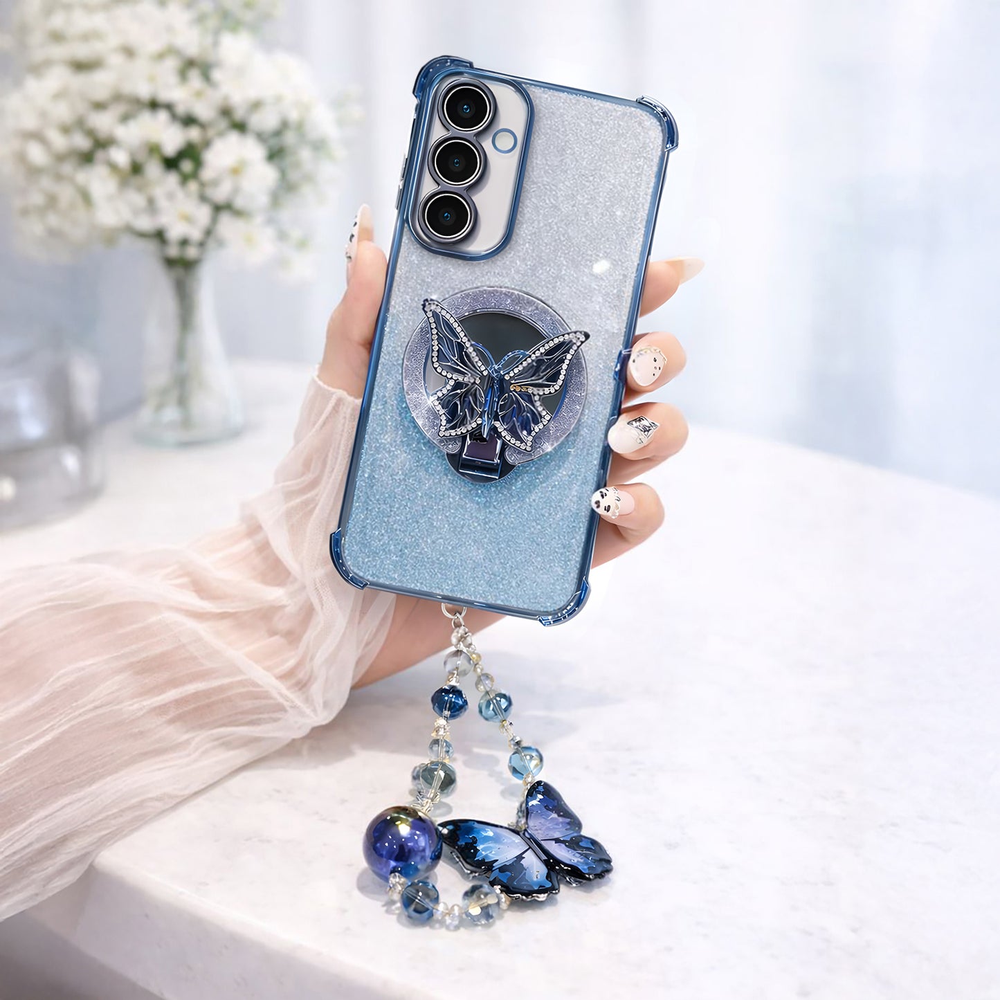 Samsung Galaxy A35 5G Shockproof Butterfly Stand Case with Charm Strap