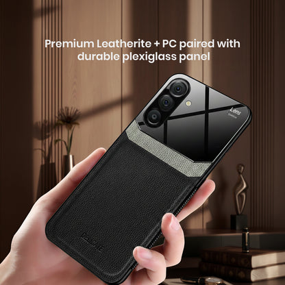 Samsung Galaxy A56 5G Black phone case with leatherite and plexiglass panel held by a hand, with text about material composition.