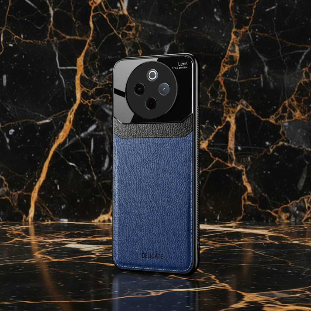 Vivo T4 5G Blue phone case with leather texture on a marble background