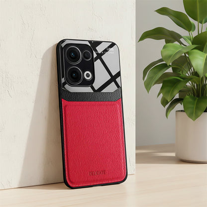 Oppo Reno 13 5G Phone case with geometric design and red back on a light surface with a plant in the background