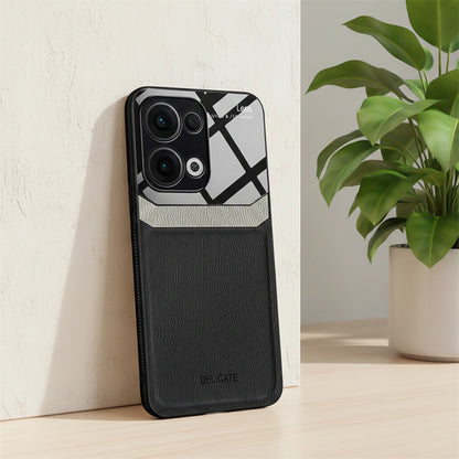 Oppo Reno 13 5G Black phone case with geometric design leaning against a light wall with a plant in the background.