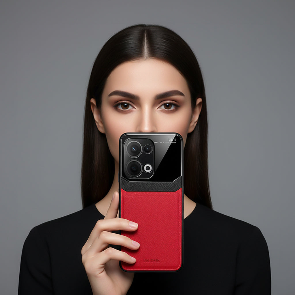 Woman holding a Oppo Reno 13 5G phone with a red and black case against a gray background