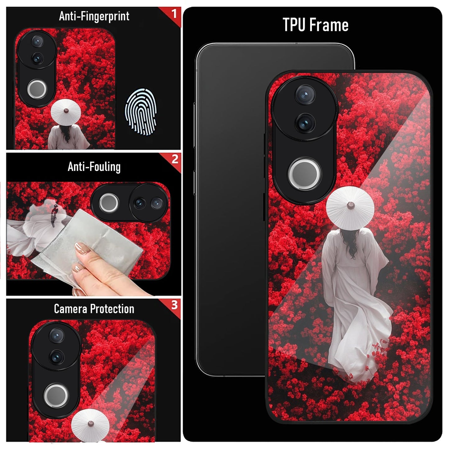 Vivo V50 5G Premium Acrylic Shockproof Glass Back Case (Red Blossoms)