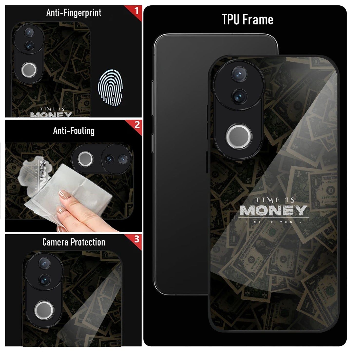 Vivo V50 5G Premium Acrylic Shockproof Glass Back Case (Time is Money)