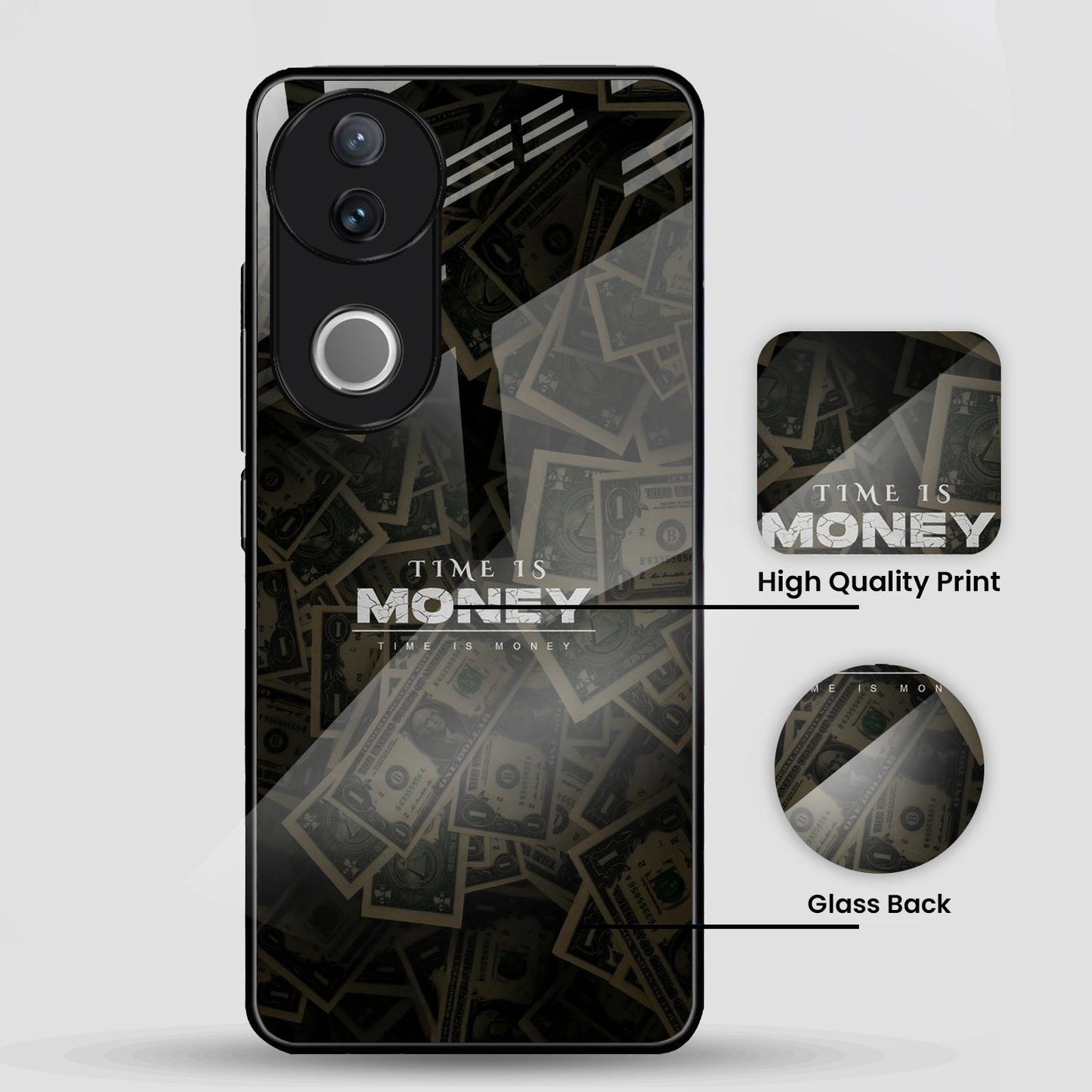 Vivo V50 5G Premium Acrylic Shockproof Glass Back Case (Time is Money)