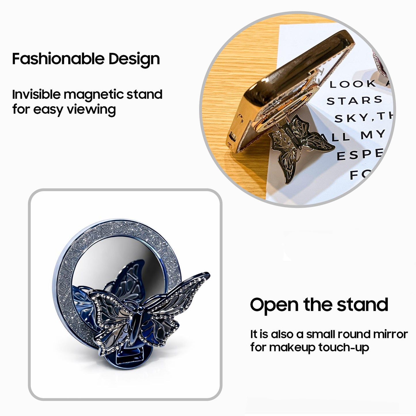 Butterfly-shaped magnetic stand with round mirror on a white background